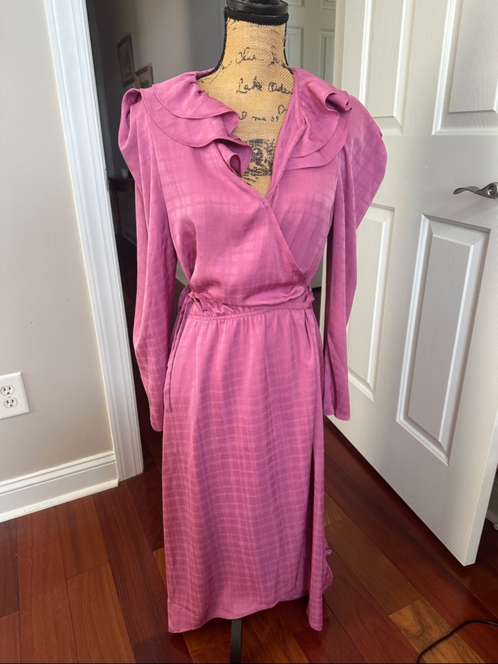 Current Air Pink Wrap Maxi Dress with Ruffle Collar. High low dress.